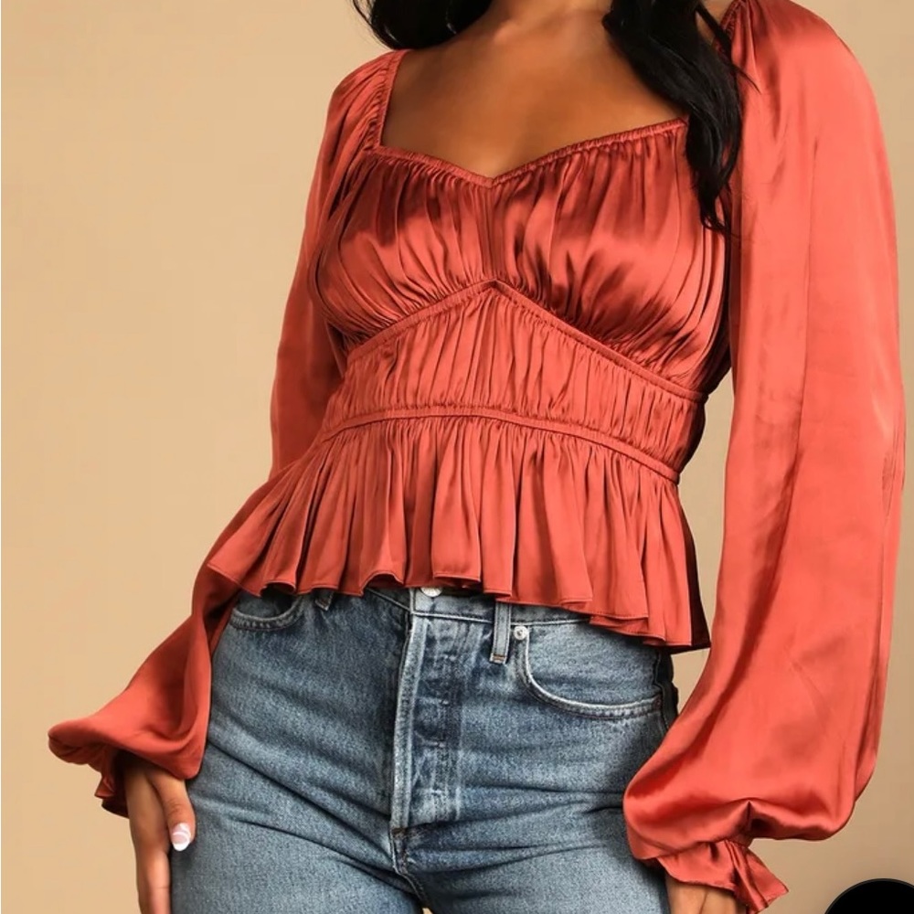 Sophisticate Rust Brown Satin Ruched Long Sleeve Top